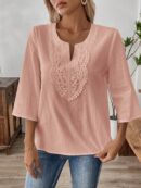Blusa Casual de Manga Tres Cuartos en Color Sólido con Cuello V