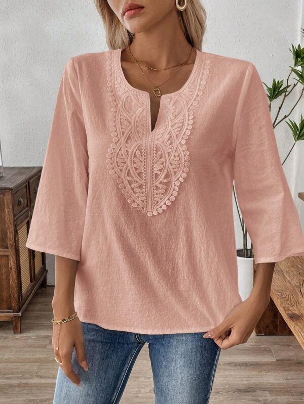 Blusa Casual de Manga Tres Cuartos en Color Sólido con Cuello V - Image 65