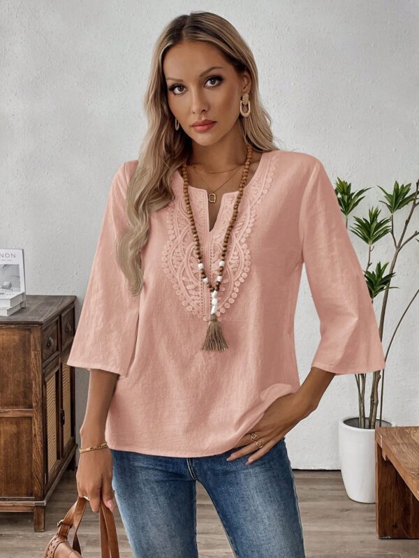 Blusa Casual de Manga Tres Cuartos en Color Sólido con Cuello V - Image 66