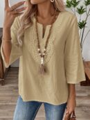 Blusa Casual de Manga Tres Cuartos en Color Sólido con Cuello V