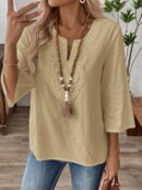 Blusa Casual de Manga Tres Cuartos en Color Sólido con Cuello V