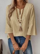 Blusa Casual de Manga Tres Cuartos en Color Sólido con Cuello V