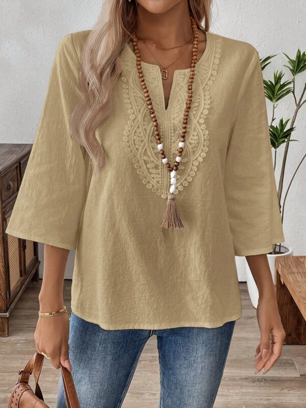 Blusa Casual de Manga Tres Cuartos en Color Sólido con Cuello V - Image 49
