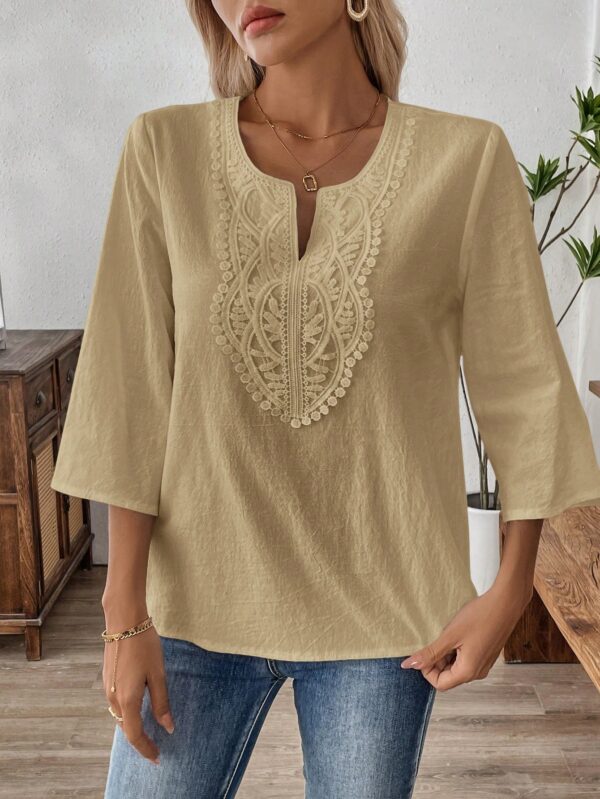 Blusa Casual de Manga Tres Cuartos en Color Sólido con Cuello V - Image 50