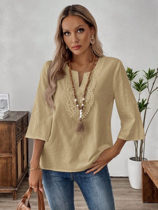Blusa Casual de Manga Tres Cuartos en Color Sólido con Cuello V - Image 51