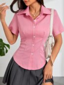 Camisa Rayada de Mujer con Botones y Manga Corta, Ajuste Slim