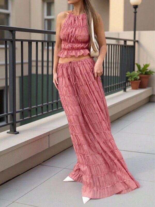 Set de Vestido Halter con Encaje Floral y Capas Plisadas en Gasa - Image 30
