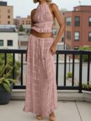 Set de Vestido Halter con Encaje Floral y Capas Plisadas en Gasa