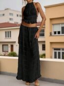 Set de Vestido Halter con Encaje Floral y Capas Plisadas en Gasa
