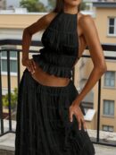 Set de Vestido Halter con Encaje Floral y Capas Plisadas en Gasa