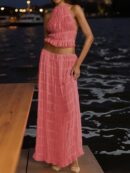 Set de Vestido Halter con Encaje Floral y Capas Plisadas en Gasa