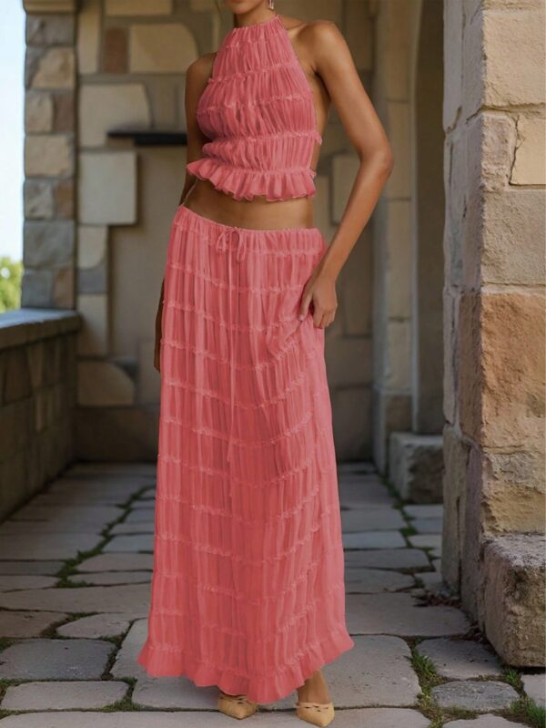 Set de Vestido Halter con Encaje Floral y Capas Plisadas en Gasa - Image 33