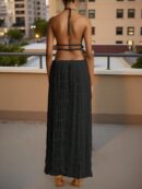 Set de Vestido Halter con Encaje Floral y Capas Plisadas en Gasa