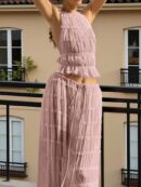 Set de Vestido Halter con Encaje Floral y Capas Plisadas en Gasa