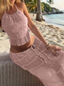 Set de Vestido Halter con Encaje Floral y Capas Plisadas en Gasa