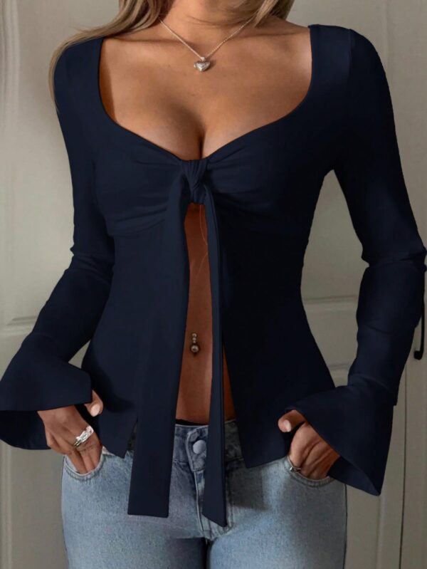 Top Casual de Manga Larga con Cuello de Estrás y Color Sólido - Image 38