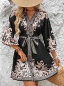 Vestido Casual Estampado con Cintura Alta y Manga Linterna