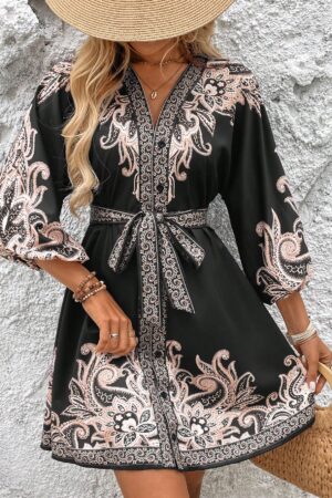 Vestido Casual Estampado con Cintura Alta y Manga Linterna