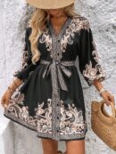 Vestido Casual Estampado con Cintura Alta y Manga Linterna