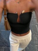 Top Corto Bustier de Verano, Escote U con Volantes y Espalda Descubierta