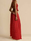 Set de Vestido Halter con Encaje Floral y Capas Plisadas en Gasa