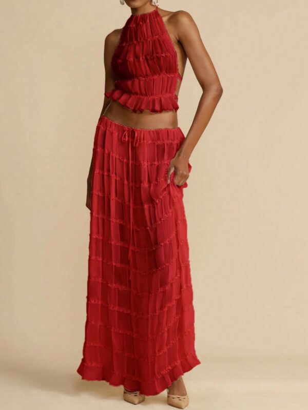 Set de Vestido Halter con Encaje Floral y Capas Plisadas en Gasa - Image 44