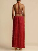 Set de Vestido Halter con Encaje Floral y Capas Plisadas en Gasa