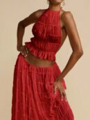 Set de Vestido Halter con Encaje Floral y Capas Plisadas en Gasa