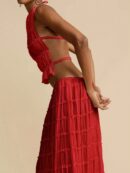 Set de Vestido Halter con Encaje Floral y Capas Plisadas en Gasa