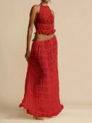 Set de Vestido Halter con Encaje Floral y Capas Plisadas en Gasa