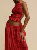 Set de Vestido Halter con Encaje Floral y Capas Plisadas en Gasa