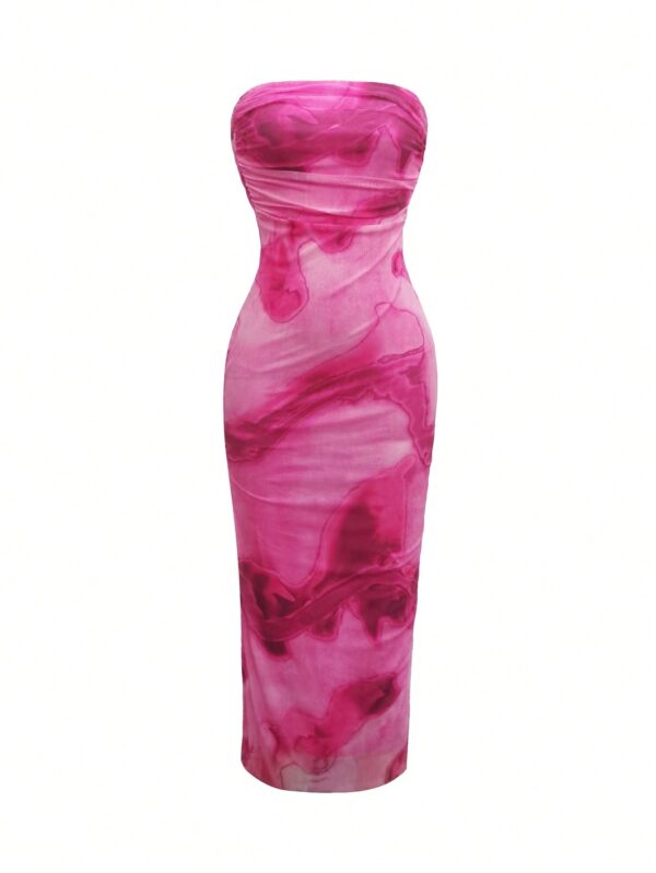 Vestido Strapless Elegante Con Abertura Lateral y Diseño de Malla - Image 7