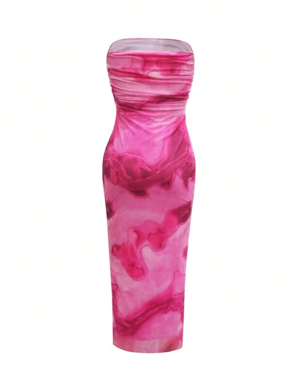 Vestido Strapless Elegante Con Abertura Lateral y Diseño de Malla - Image 8