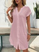 Vestido Mini Casual de Manga Corta con Botones Frontales