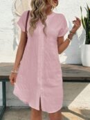 Vestido Mini Casual de Manga Corta con Botones Frontales