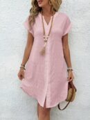 Vestido Mini Casual de Manga Corta con Botones Frontales
