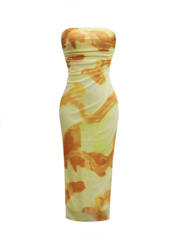 Vestido Strapless Elegante Con Abertura Lateral y Diseño de Malla - Image 12