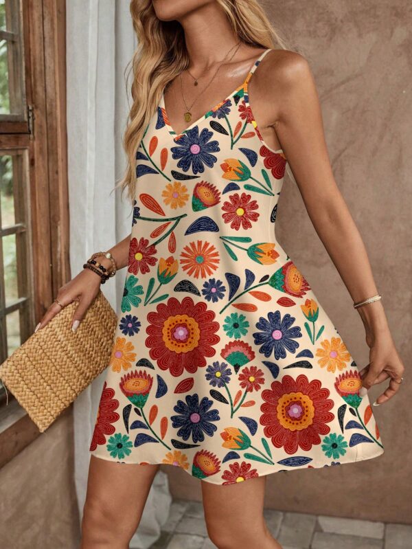 Vestido Mini Casual con Estampado Floral y Tirantes Espaguetis - Image 75