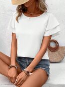 Camisa Casual de Verano con Mangas de Volantes en Color Sólido