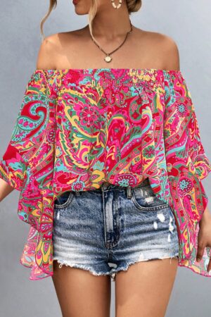 Blusa Casual de Hombros Descubiertos con Estampado Variado y Manga Larga