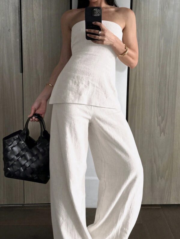 Set de Pantalón y Top Bandeau de Color Sólido para Mujer - Image 7